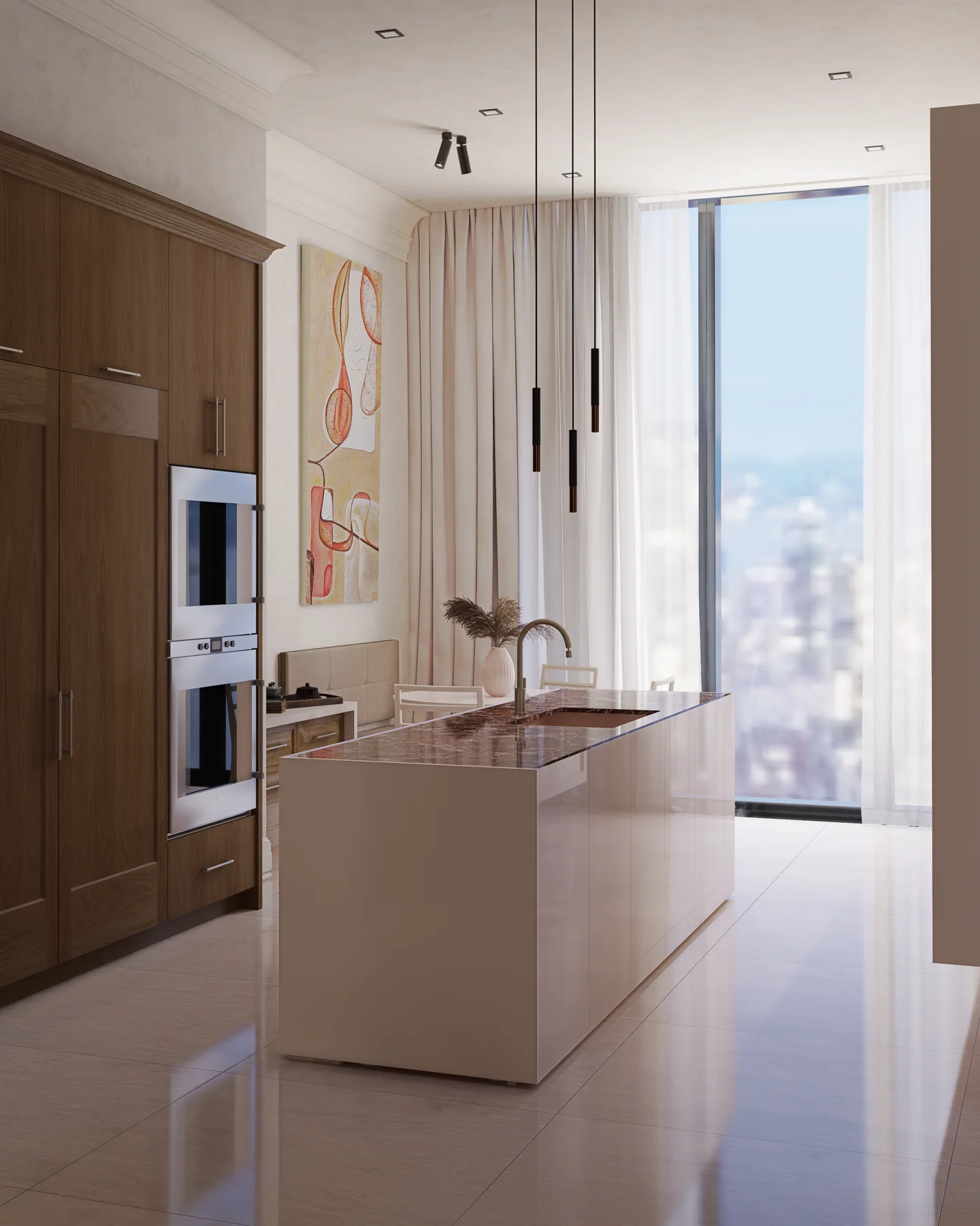 High-rise kitchen with walnut wall cabinets and white island
