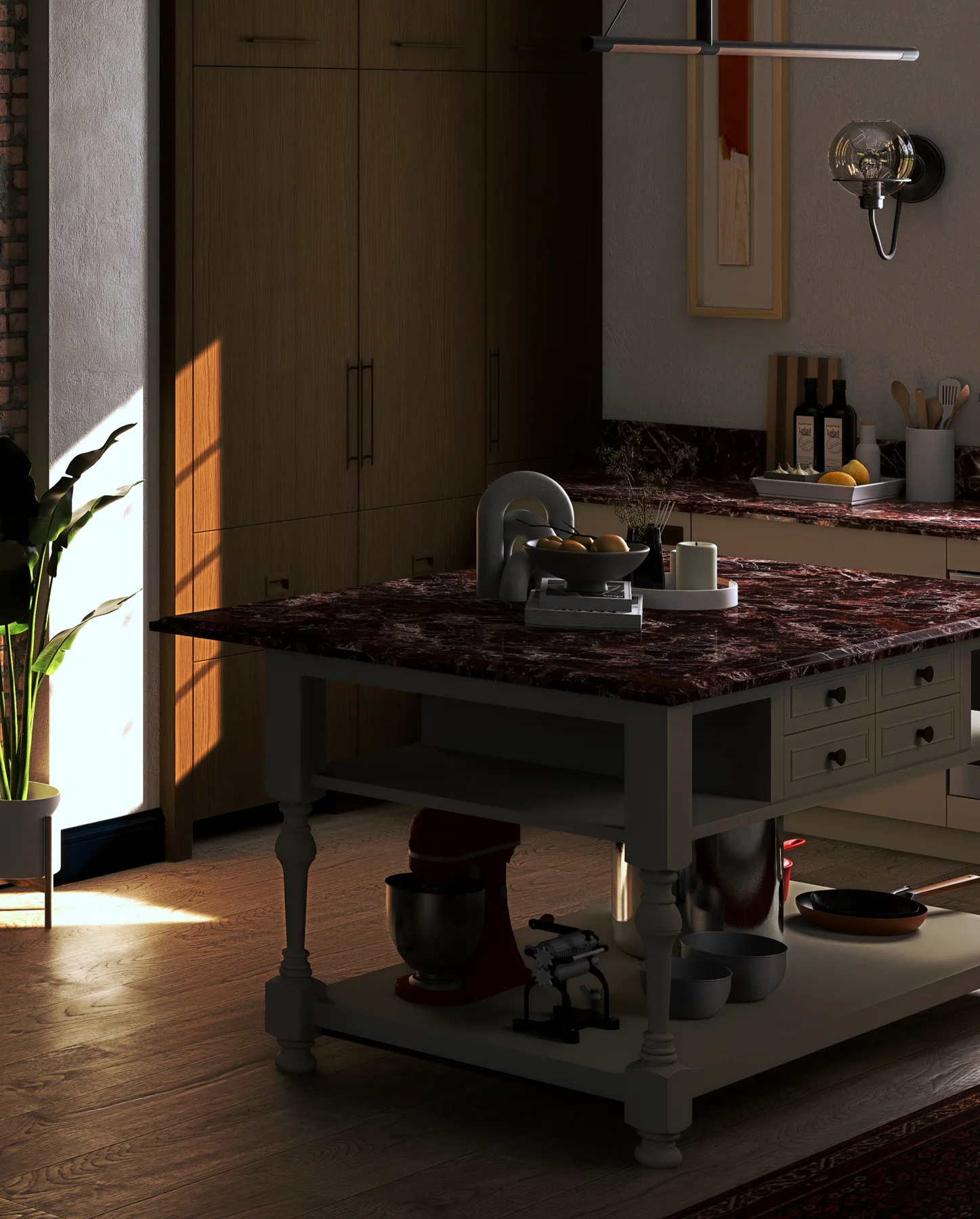 Kitchen island with marble top and turned legs
