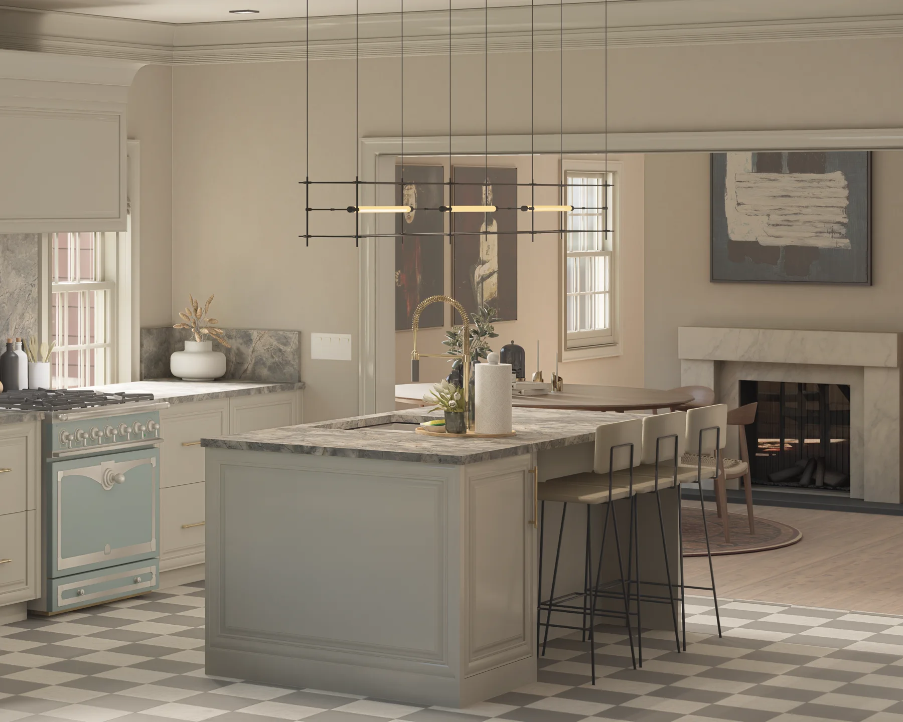 Kitchen render with painted island and checkered floor