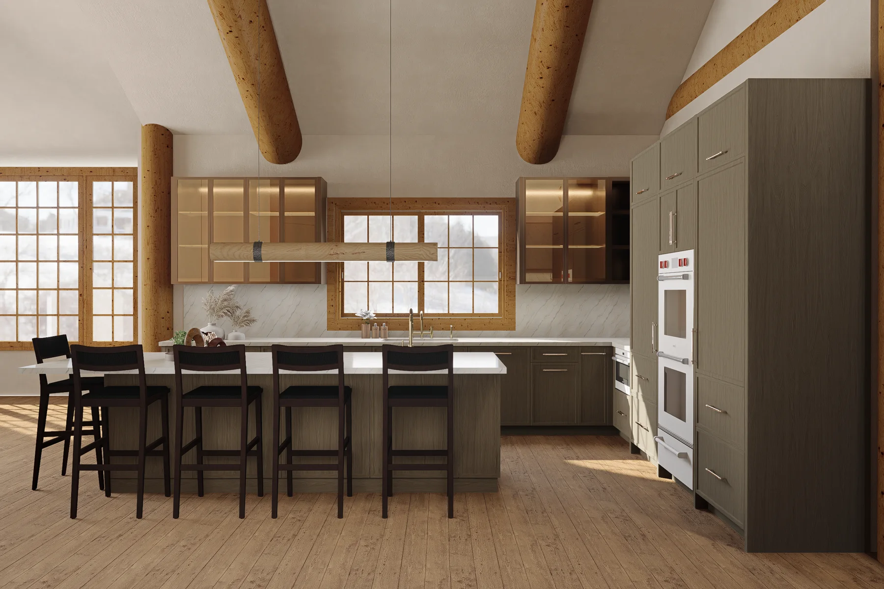 Kitchen with oak cabinetry and timber ceiling beams